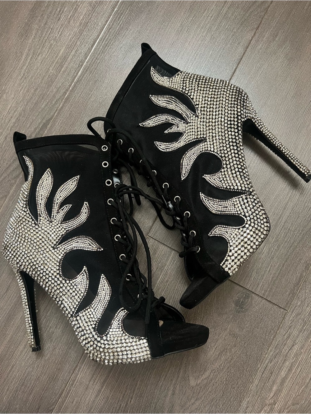 Azalea Wang Rhinestone Flame Lace-Up Heels Black Size 11